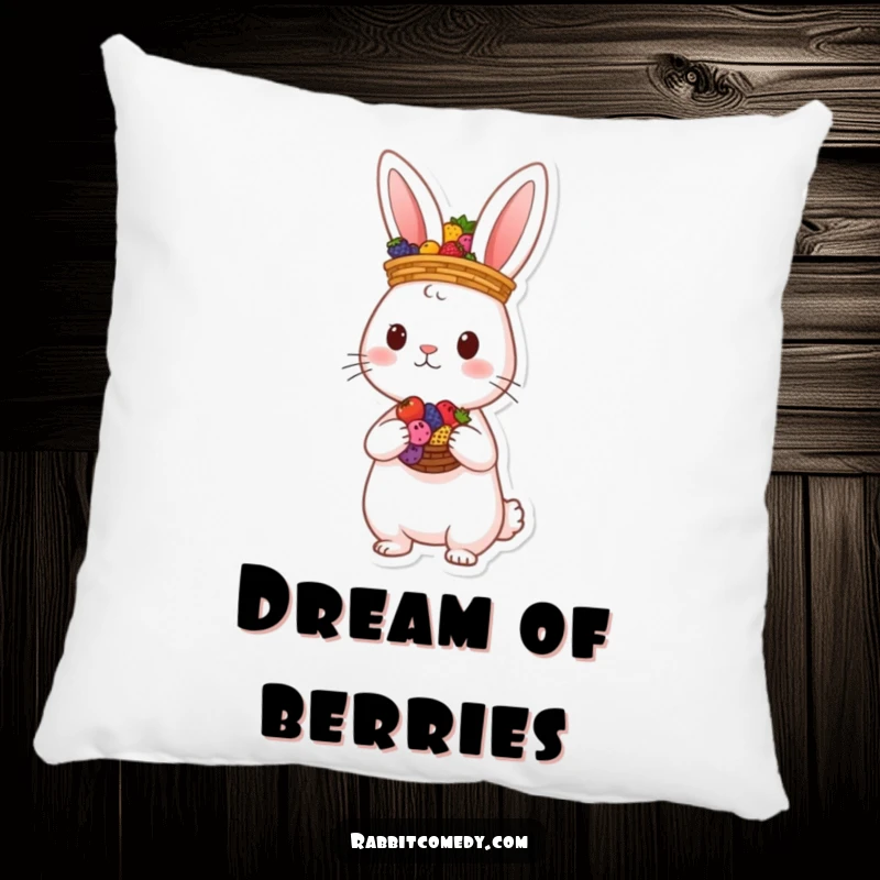 Funny rabbit character balancing a basket of colorful berries on its head, featured on a soft and humorous decorative pillow