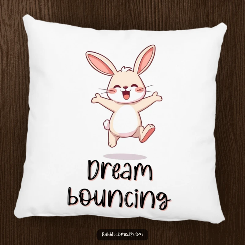 Funny rabbit pillow with a joyful rabbit character captured mid-hop, performing big, exaggerated leaps.