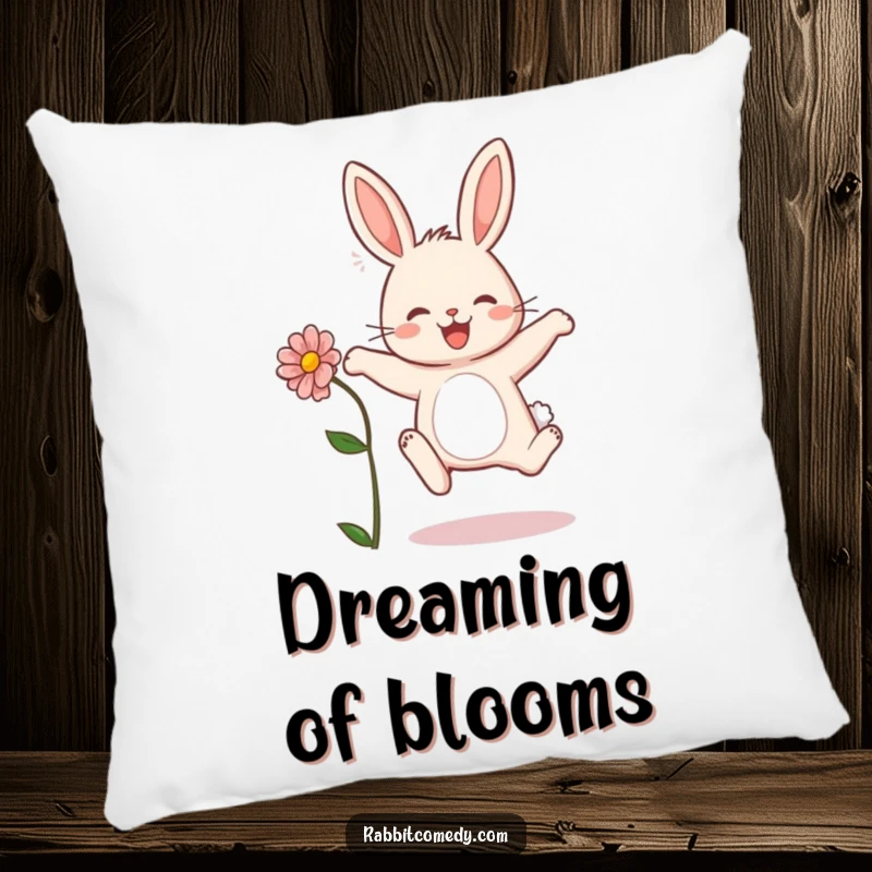 Funny rabbit pillow showing a bunny in a joyful leap with a flower, offering comfort and a smile.