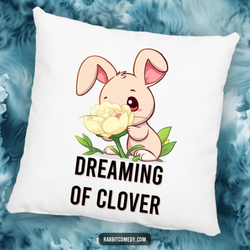 Funny pillow design showing a rabbit with wide, curious eyes sniffing a large, dew-covered clover, perfect for cozy contemplation.