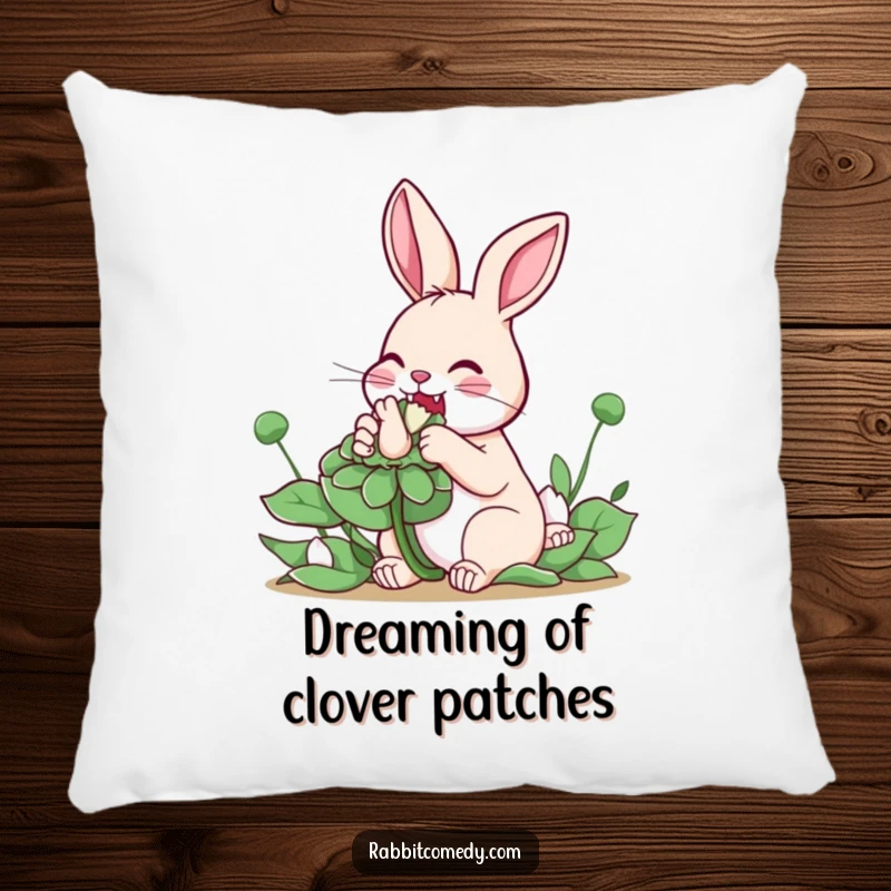 Funny Rabbit Clover Pillow: A plush pillow displays a rabbit enthusiastically eating a giant clover, bringing cozy vibes and good luck.