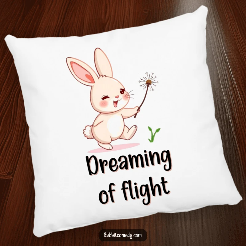 Funny rabbit character comically chasing a floating dandelion seed, depicted on a soft and humorous pillow.