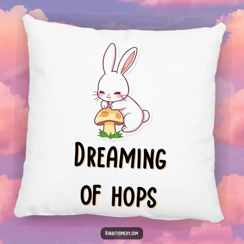 Funny pillow with a cute, long-eared rabbit playfully boinging over a mushroom, adding comfort and humor.