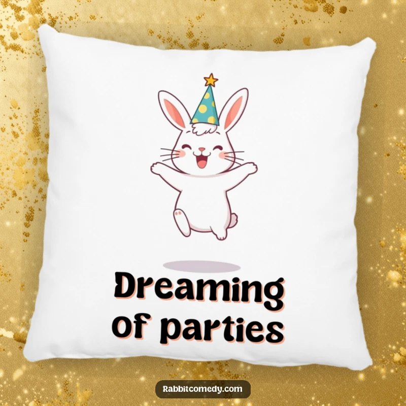 Funny rabbit wearing a party hat, captured mid-silly jump, bringing festive cheer to this soft and humorous pillow.