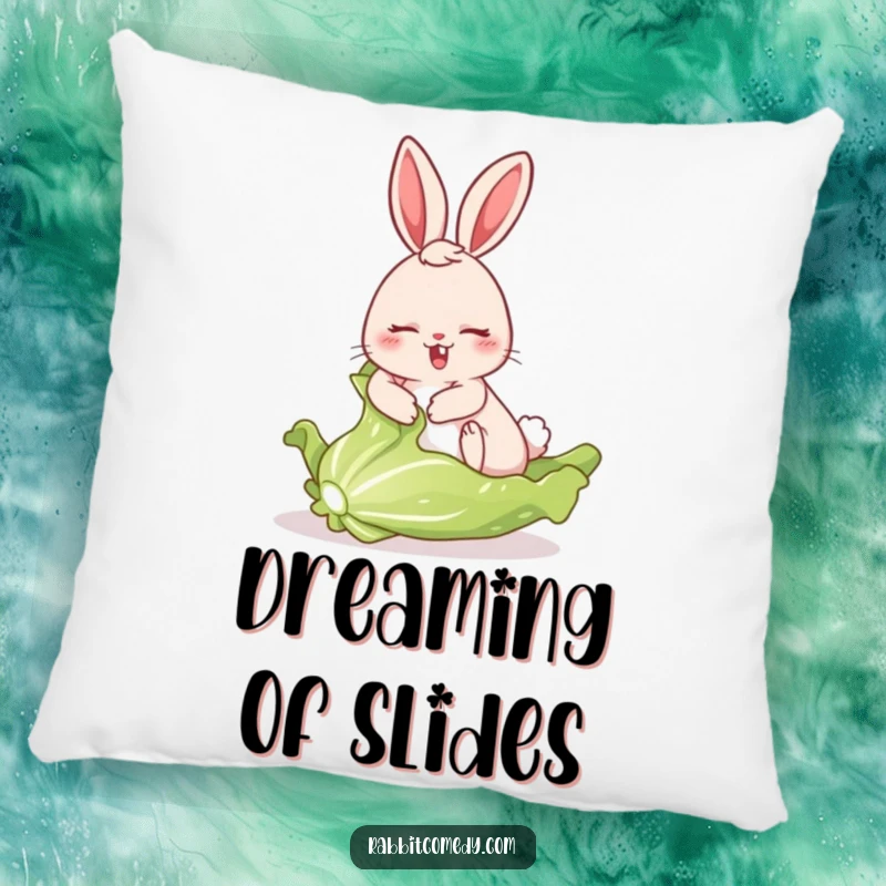 Funny pillow design depicting a rabbit comically sliding down a large, fresh lettuce leaf, a picture of slippery fun.