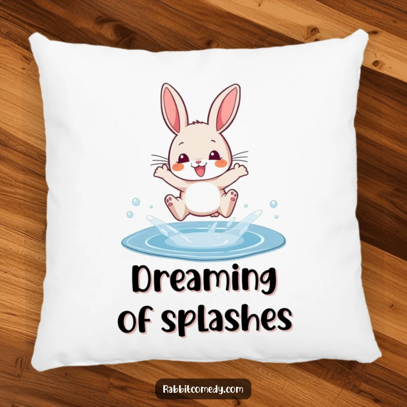 Funny pillow showcasing a cartoon rabbit joyfully splashing over a small, sparkling puddle with its nose in the air.