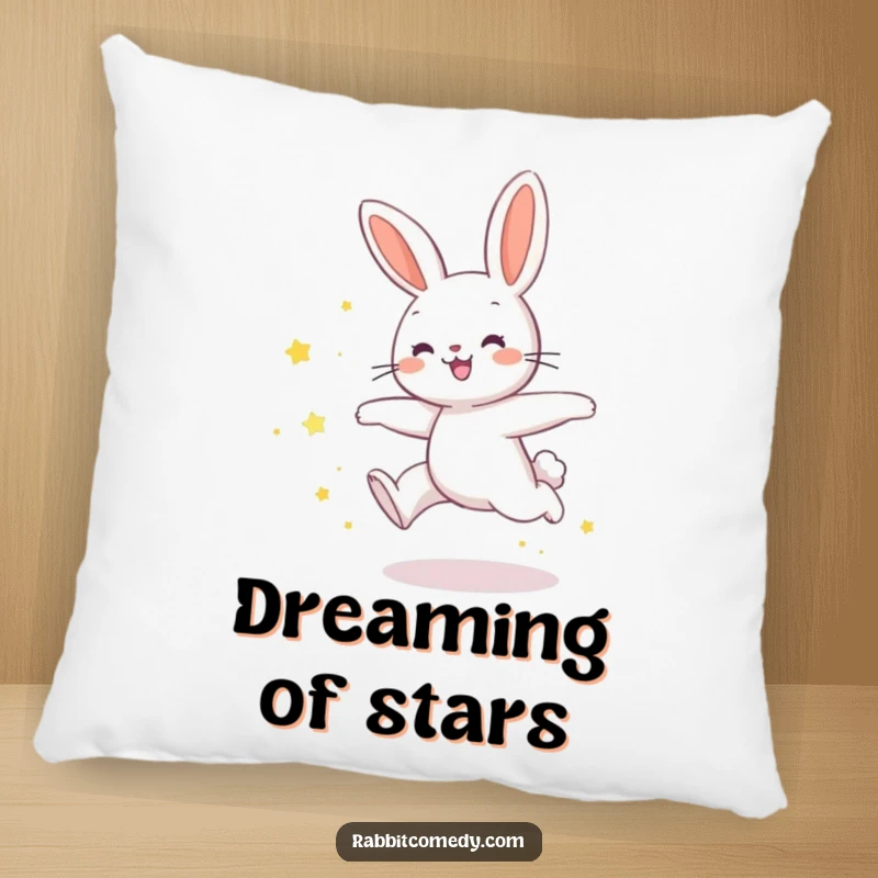 Funny rabbit pillow featuring a rabbit in a joyful leap, trailing shimmering star dust, offering humorous, magical comfort.