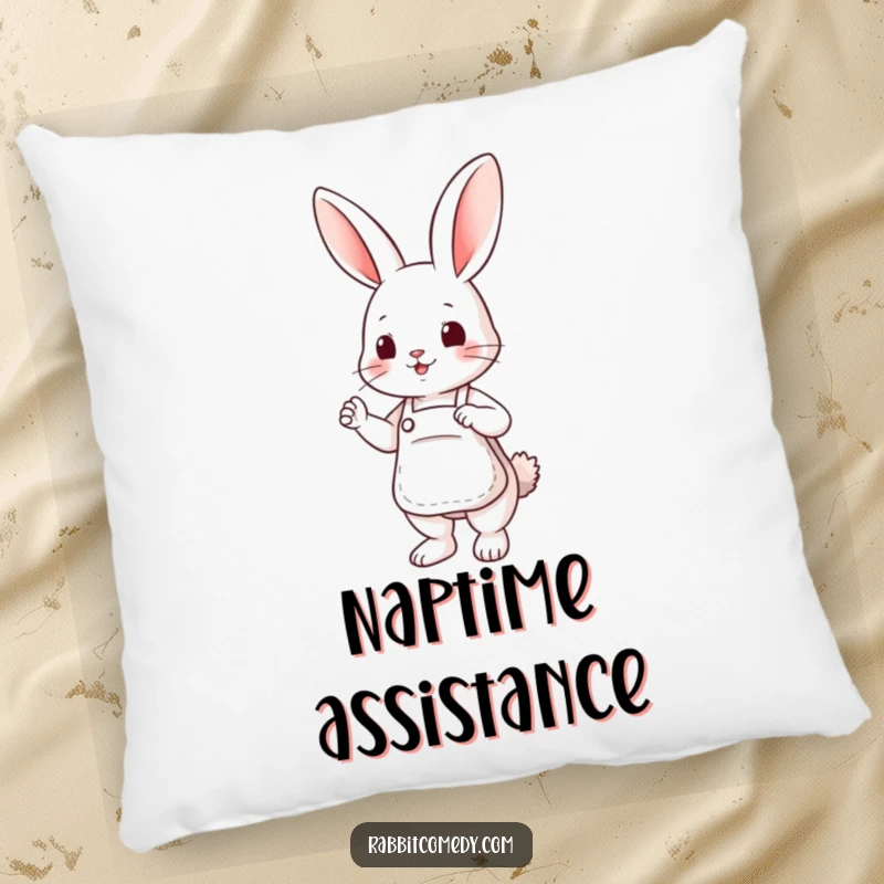 Funny pillow showcasing a cute rabbit wearing a small apron, posed in a friendly, helpful manner.