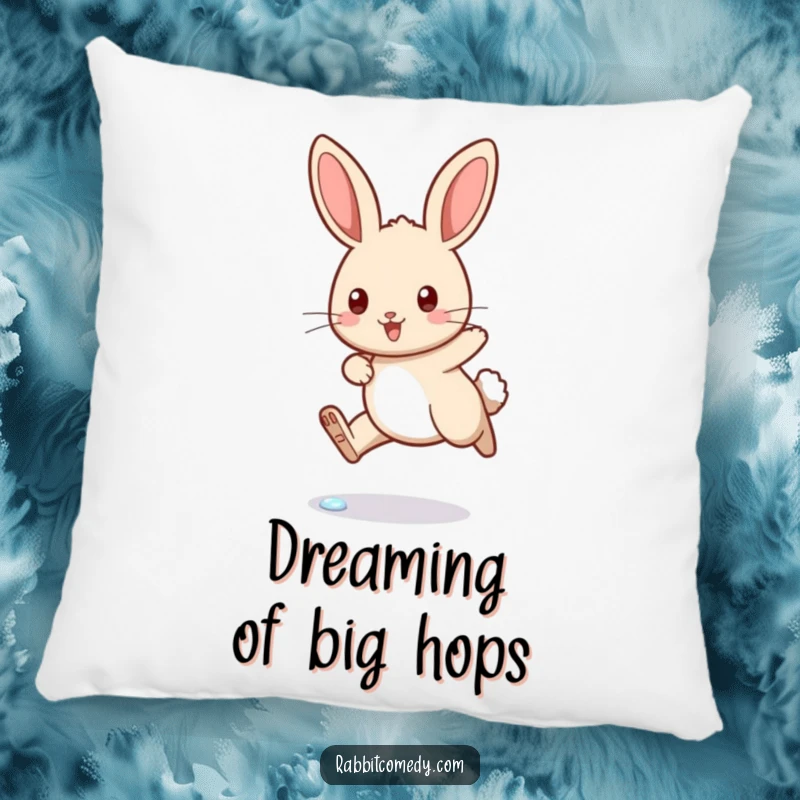 Funny rabbit pillow illustrating a determined bunny mid-leap over a sparkling dewdrop, offering humorous comfort and charm.