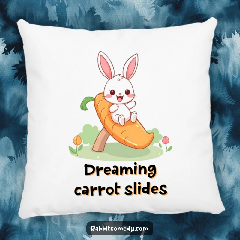 Funny pillow with a giddy rabbit sliding down a whimsical carrot slide, offering comfort and a humorous touch to any seating.