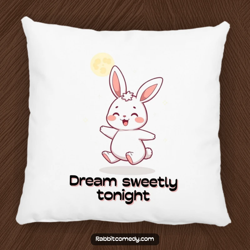 Funny pillow with a soft texture, showing a gleeful cartoon rabbit spinning under a sparkling, glittery moon, adding magical comfort to any space.