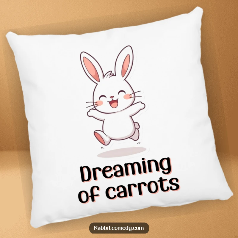 Funny rabbit pillow featuring a cute bunny, ears perked, joyfully hopping, offering a soft and cheerful accent for any cozy space.