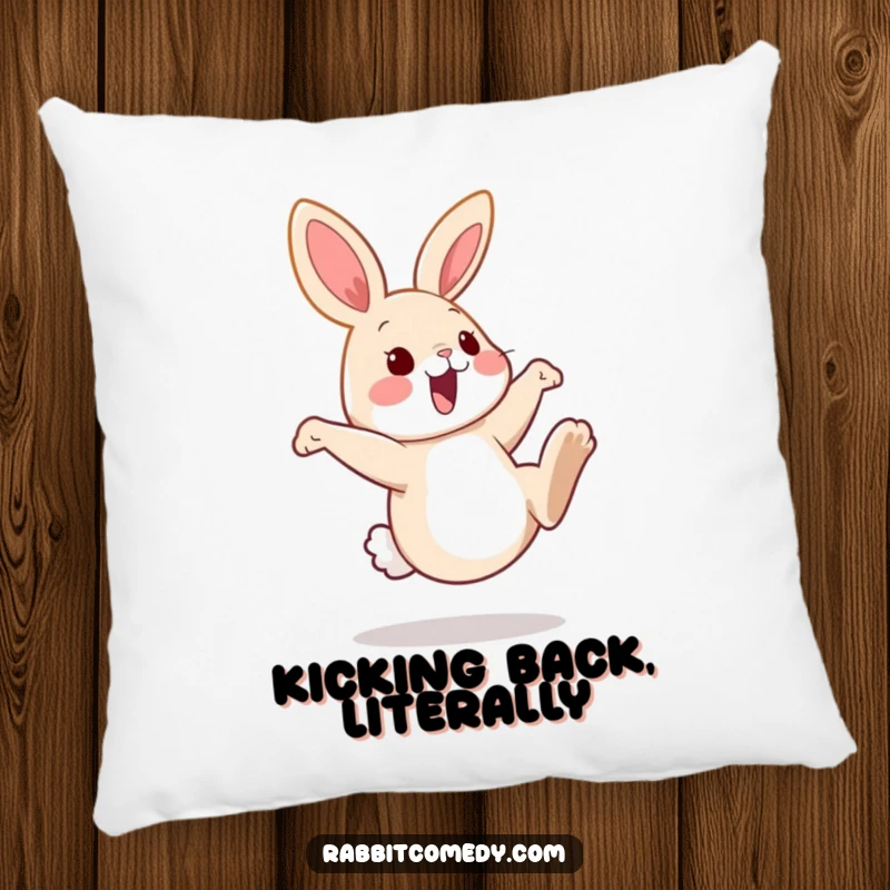 Funny rabbit pillow featuring a cute bunny playfully kicking its hind legs high, offering a soft and amusing accent for any room.