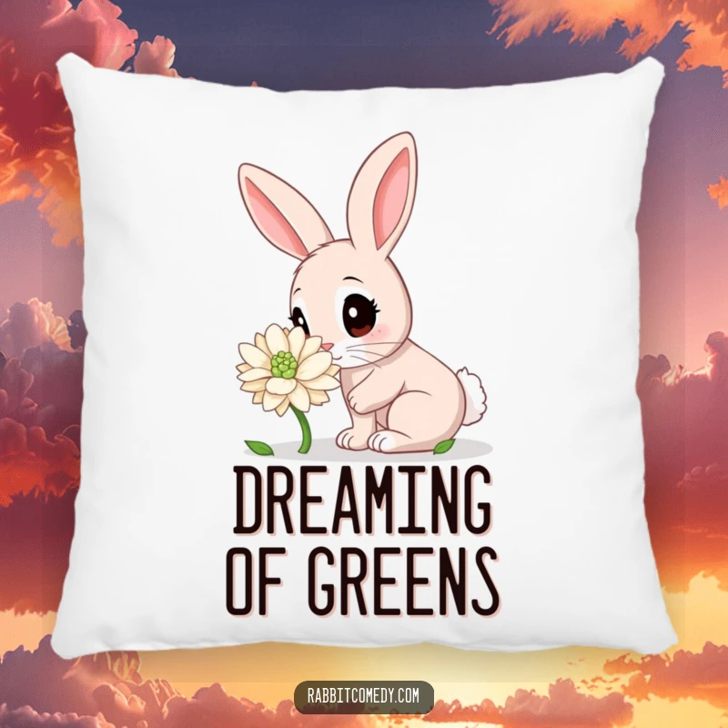 Funny Rabbit Pillow: A cute rabbit with wide eyes sniffing a giant clover, offering comfort and a touch of playful charm.