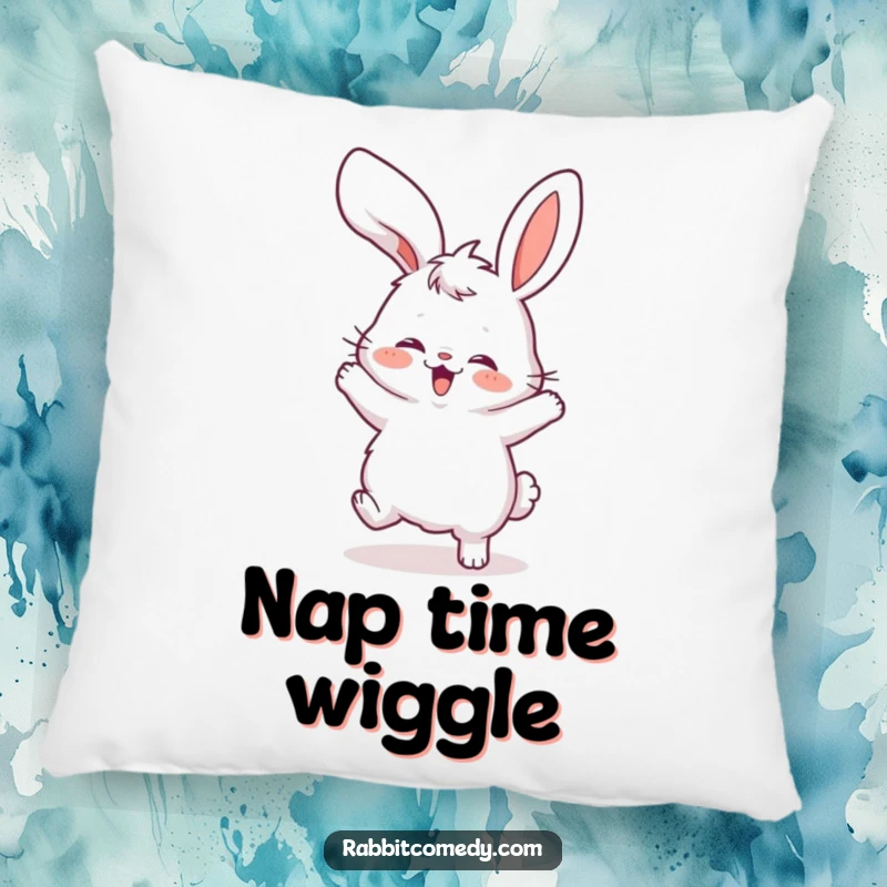 Funny pillow art of a fluffy rabbit engaged in a silly, energetic dance, its floppy ears comically bobbing around.