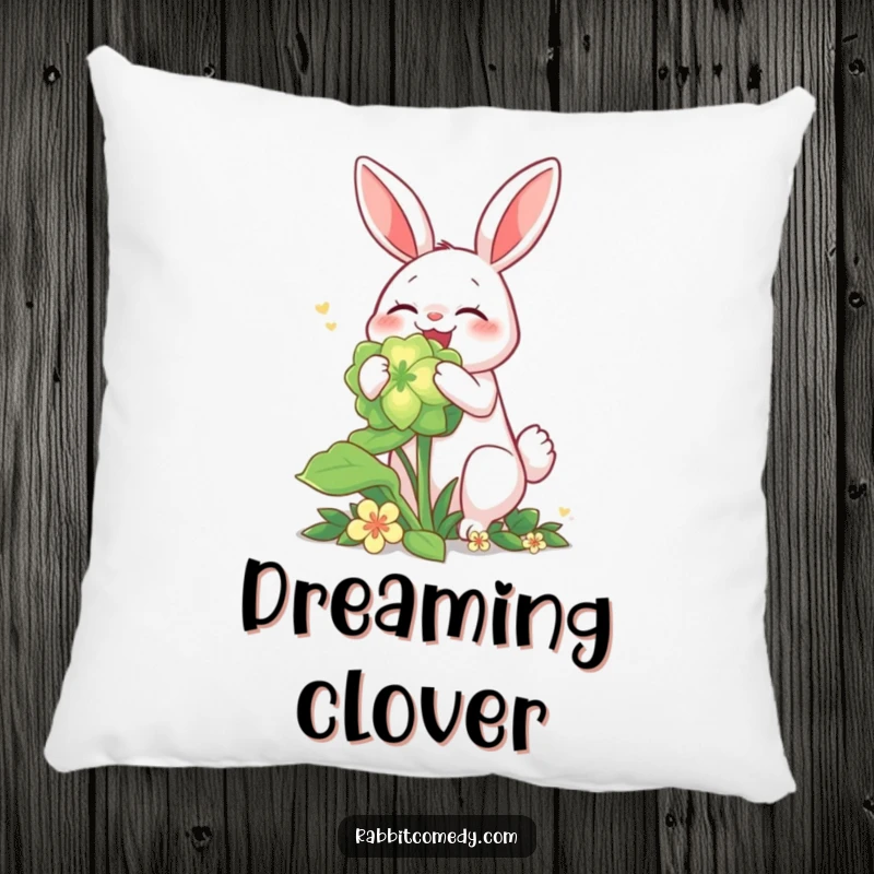 Funny rabbit pillow, joyfully munching on a giant, glowing clover, bringing magical comfort.