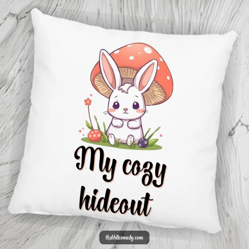 Funny rabbit pillow featuring a soft bunny peeking from behind a large mushroom, adding comfort and a touch of fantasy.