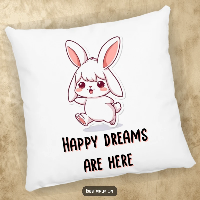 Funny rabbit pillow featuring a cute bunny with floppy ears captured mid-hop, offering soft, adorable comfort and cheerful vibes.