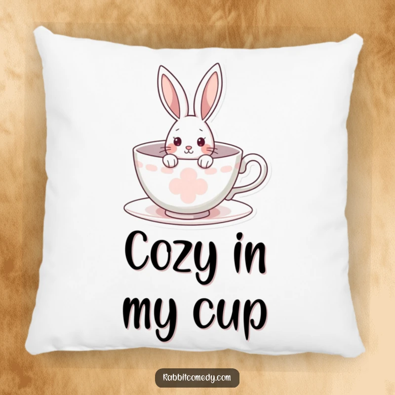 Funny rabbit pillow featuring a curious bunny peeking from a giant teacup, offering soft, adorable comfort with a whimsical theme.
