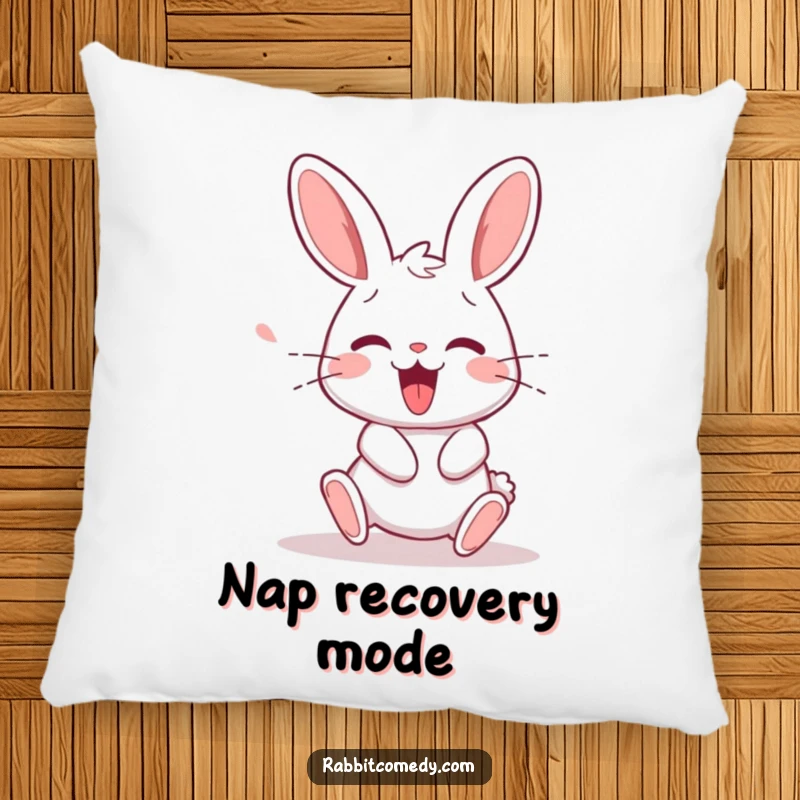 Funny rabbit character stumbling slightly before a happy squeak of recovery, depicted on a soft and humorous pillow.