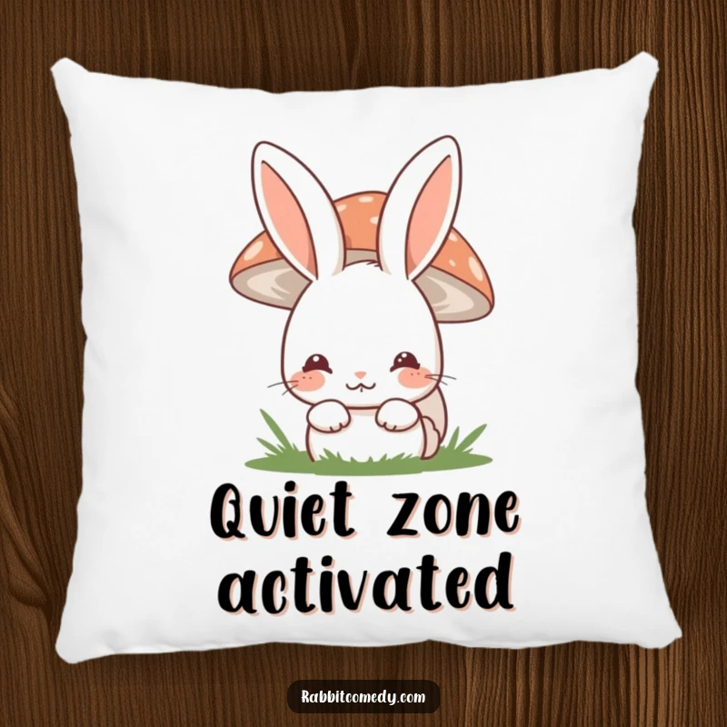 Funny shy rabbit pillow featuring a cute bunny hiding behind a mushroom with a shy smile, offering comfort and charm.
