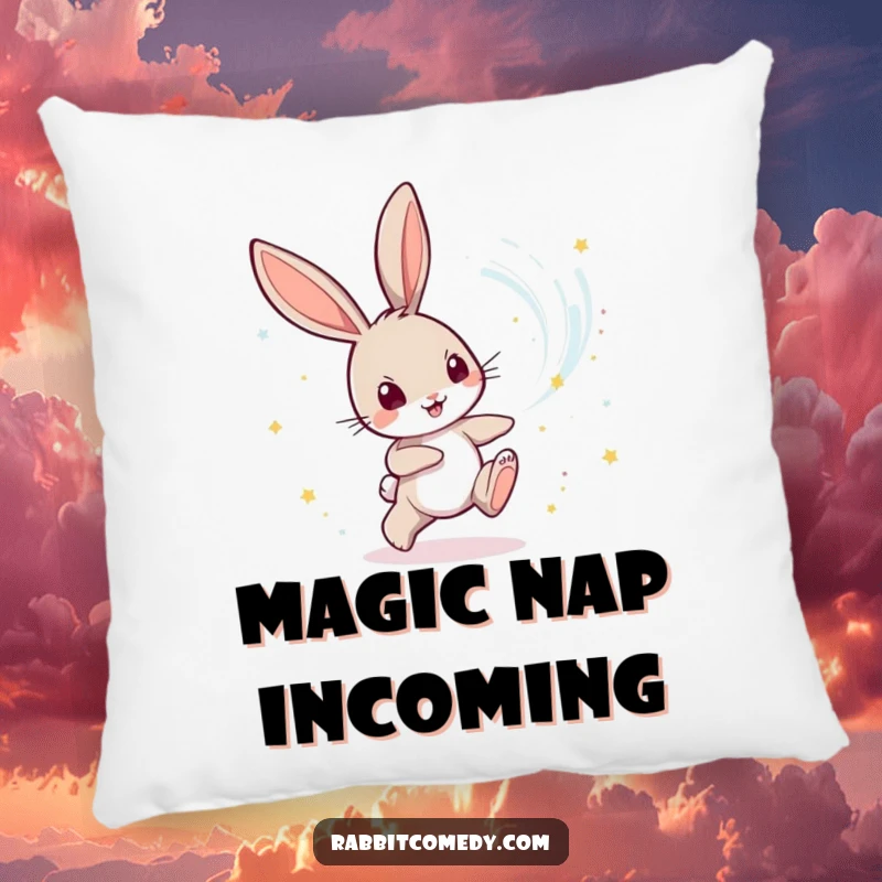 Funny Rabbit Pillow: A playful rabbit character chases a swirling vortex of shimmering magical dust, bringing cozy wonder.