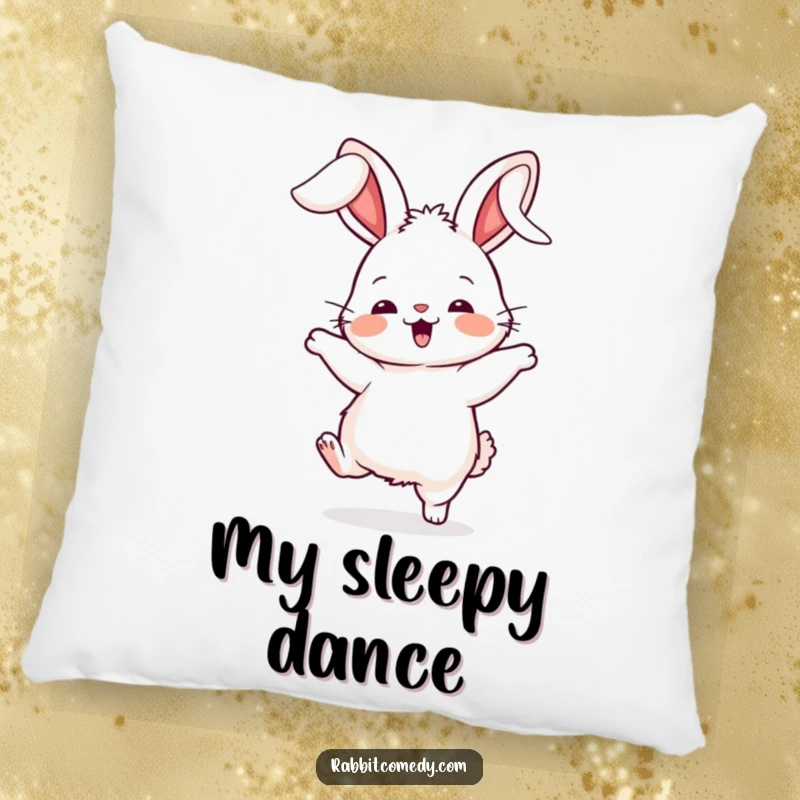 Funny rabbit pillow, depicting a fluffy character doing a comical silly dance with its ears flopping wildly, exuding pure fun.