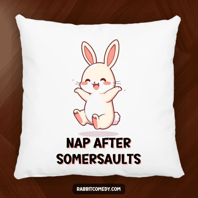 Funny Rabbit Somersault Pillow: A plush pillow displays a rabbit performing a joyful somersault, its tail bouncing with cheerful energy.