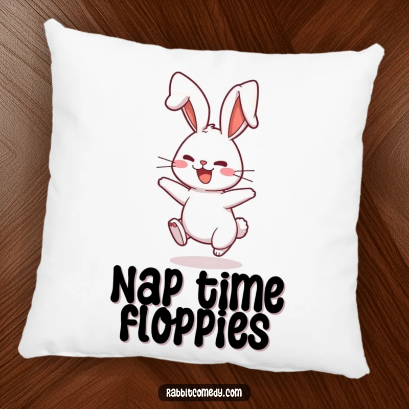 Funny Pillow featuring a rabbit character playfully bouncing with comically floppy ears, making it a cozy and humorous accent.