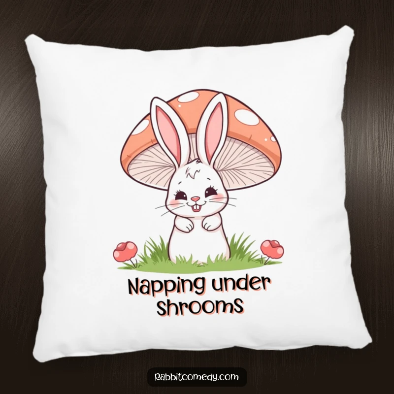 Funny pillow with a cartoon rabbit wearing a mischievous grin, peeking from behind a large, striped mushroom.