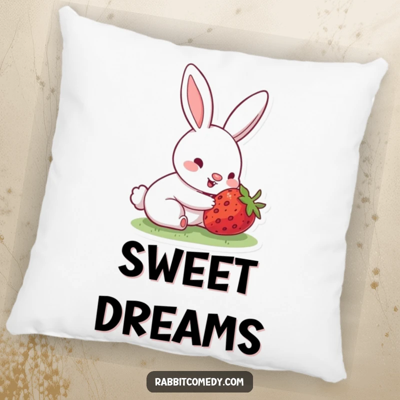 Funny pillow showing a rabbit with an excited, wiggling nose, delighted by the discovery of a hidden, ripe strawberry, offering soft comfort.