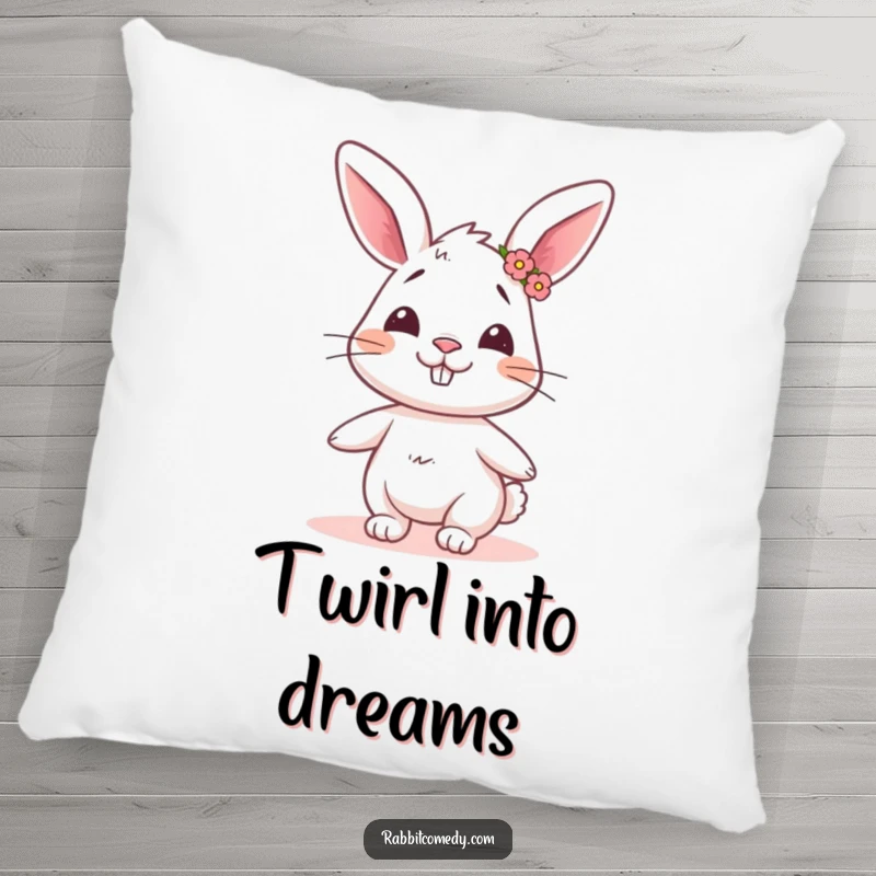 Funny rabbit pillow featuring a goofy rabbit with a flower crown, twirling with humorous charm and plush comfort.