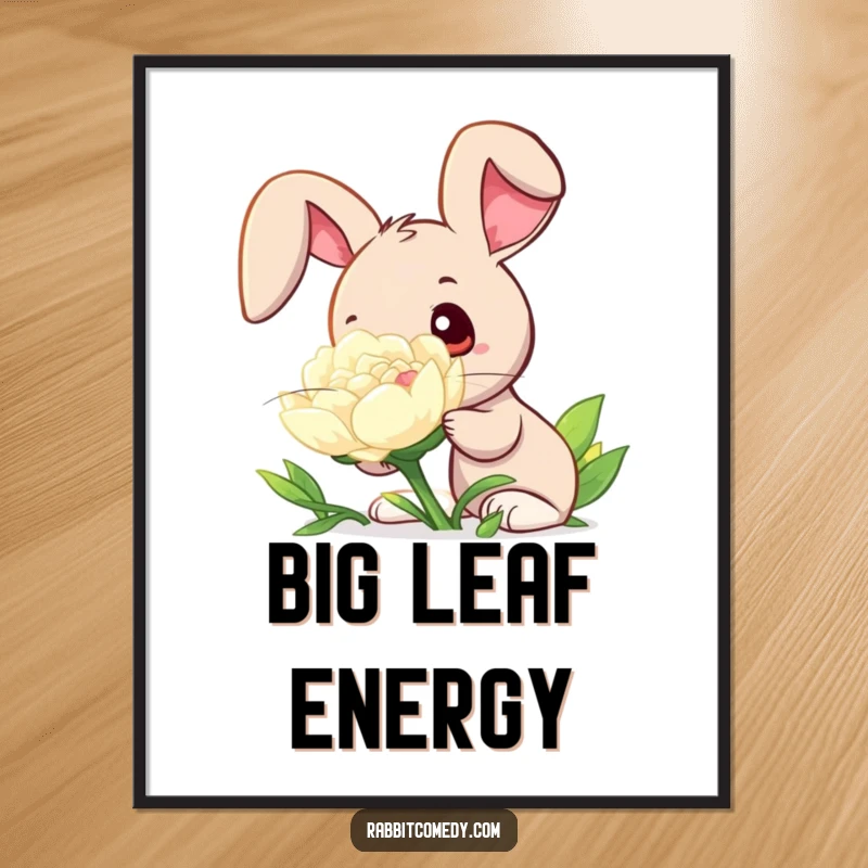 Funny digital art print of a rabbit with wide, wondering eyes sniffing a gigantic, dew-kissed clover, exuding peaceful and curious vibes.