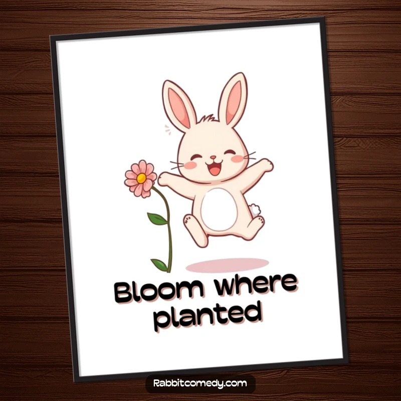 Funny rabbit digital art print of a happy bunny leaping with a flower, bringing springtime joy to any display.
