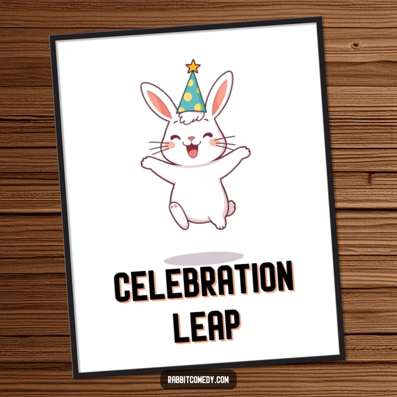 Funny rabbit wearing a party hat, caught mid-silly jump, in this joyful and humorous digital art print.