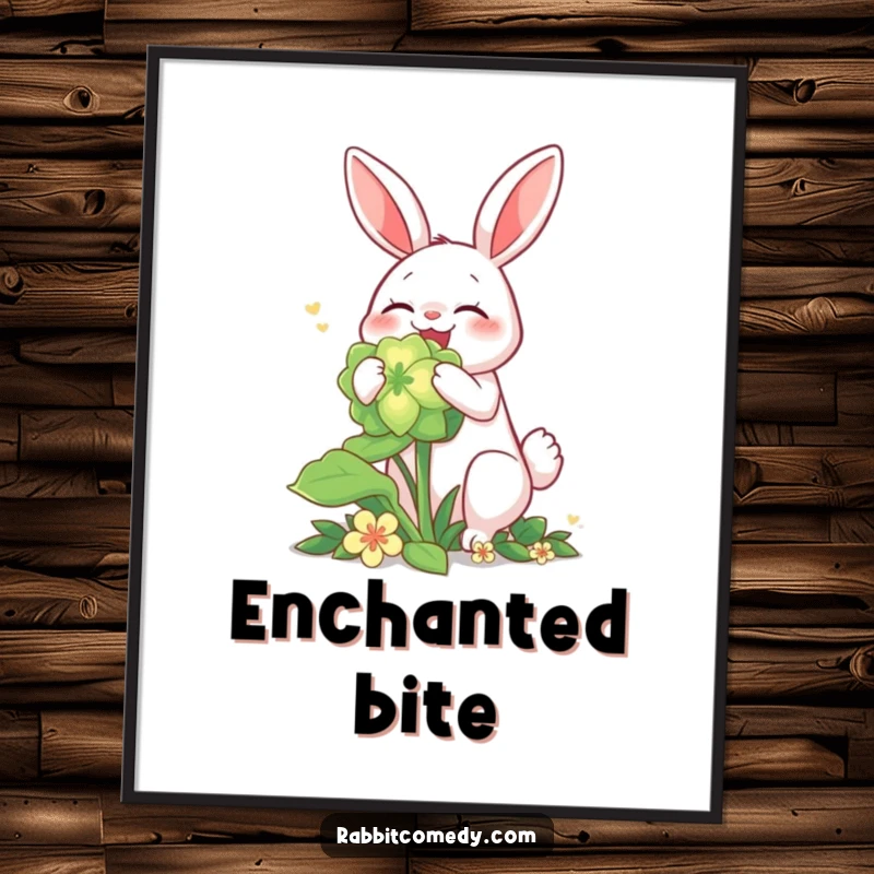Funny rabbit digital art, joyfully munching a giant glowing clover, a magical and lucky piece of decor.