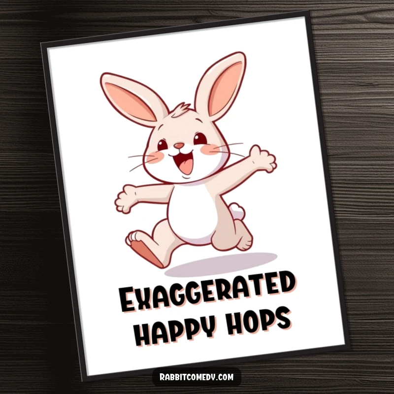 Funny rabbit digital art print, showing an energetic character joyfully hopping with huge, exaggerated leaps, full of playful movement.