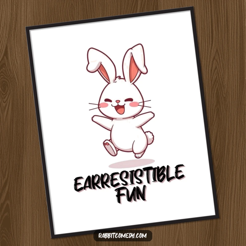 Funny Digital Art Print of a rabbit character playfully bouncing with comically floppy ears, embodying silly fun and energy.