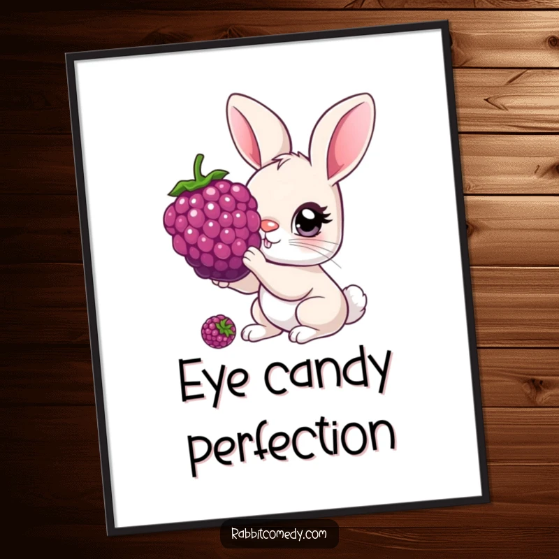 Funny Digital Art Print of a rabbit with oversized, curious eyes nibbling a giant berry, embodying innocent fascination.