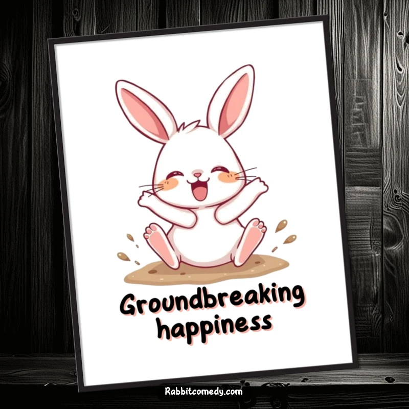 Funny Digital Art Print of a rabbit character joyfully digging with its hind legs kicking up, embodying energetic fun.