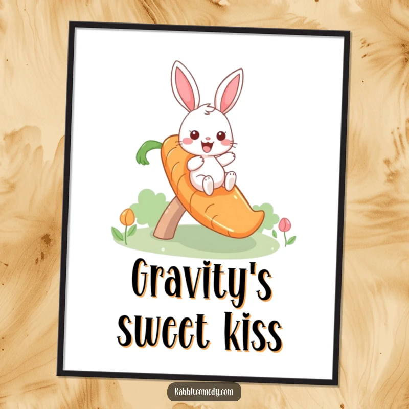 Funny digital art print of a giddy rabbit gleefully sliding down a giant carrot slide, capturing pure joy and whimsy.