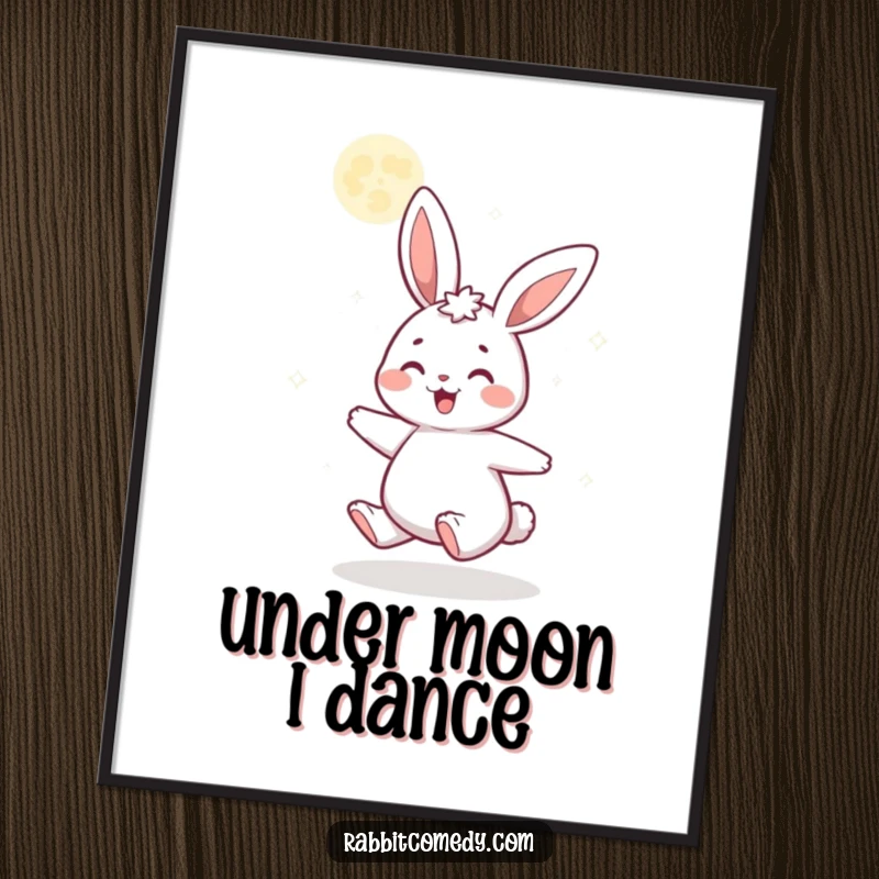 Funny digital art print of a gleeful cartoon rabbit spinning under a radiant, glittering moon, creating instant magical and joyful wall decor.