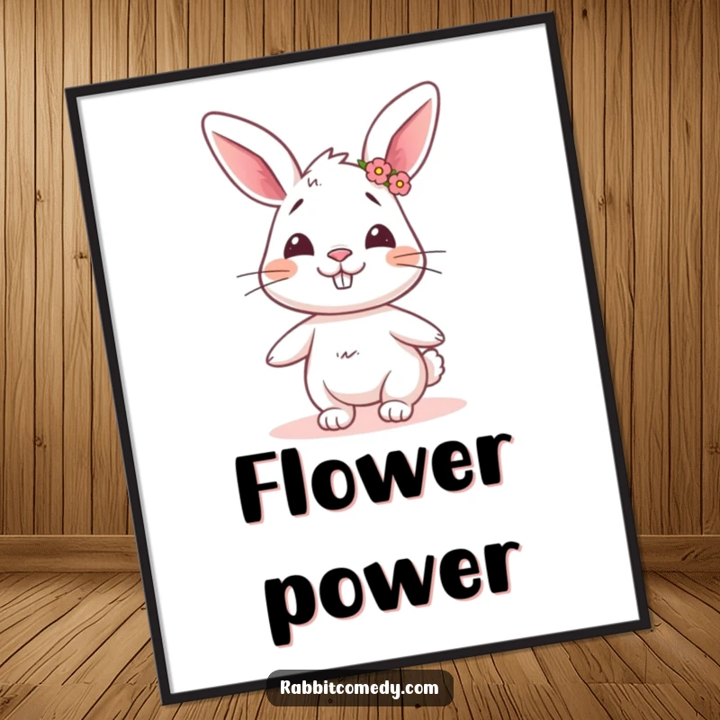 Funny rabbit digital art print of a goofy rabbit with a flower crown, twirling with humorous, whimsical charm.