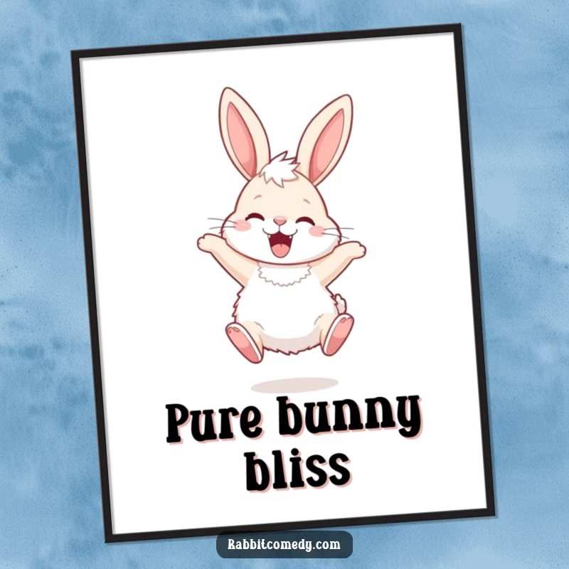 Funny Digital Art Print of a fluffy rabbit with long ears hopping ecstatically, capturing a moment of pure, unbridled happiness.