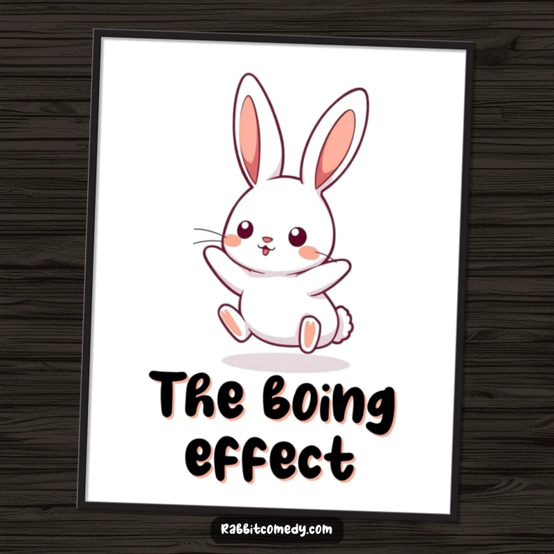 Funny kawaii rabbit digital art print, showing a cute bunny playfully boinging mid-air. Playful and humorous downloadable decor.