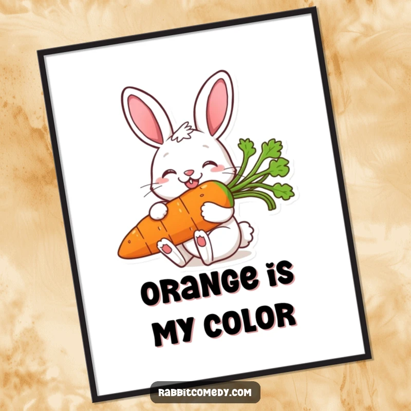 Funny digital art print of a gleeful rabbit with a wide smile, happily consuming a gigantic, juicy carrot, perfect wall decor.