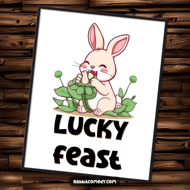 Funny Rabbit Clover Digital Art: High-resolution art of a rabbit enthusiastically eating a giant clover, embodying luck and pure happiness.
