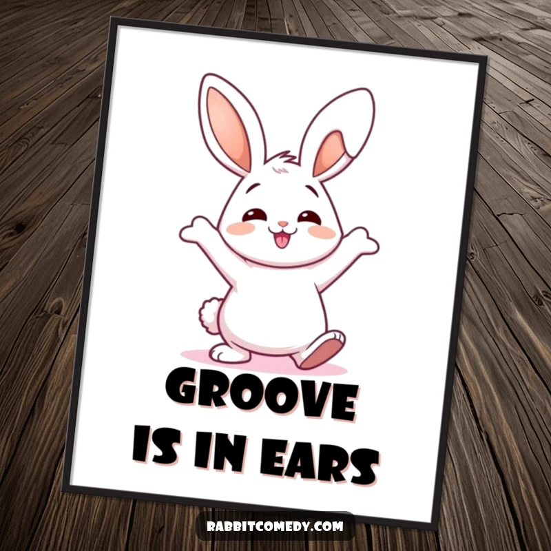 Funny Digital Art Print of a happy rabbit doing a silly, wiggly ear dance, capturing movement and infectious humor.
