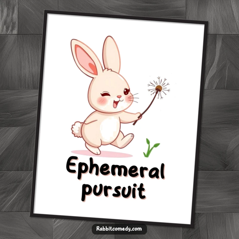 Funny rabbit character comically chasing a floating dandelion seed, captured in this humorous digital art print.