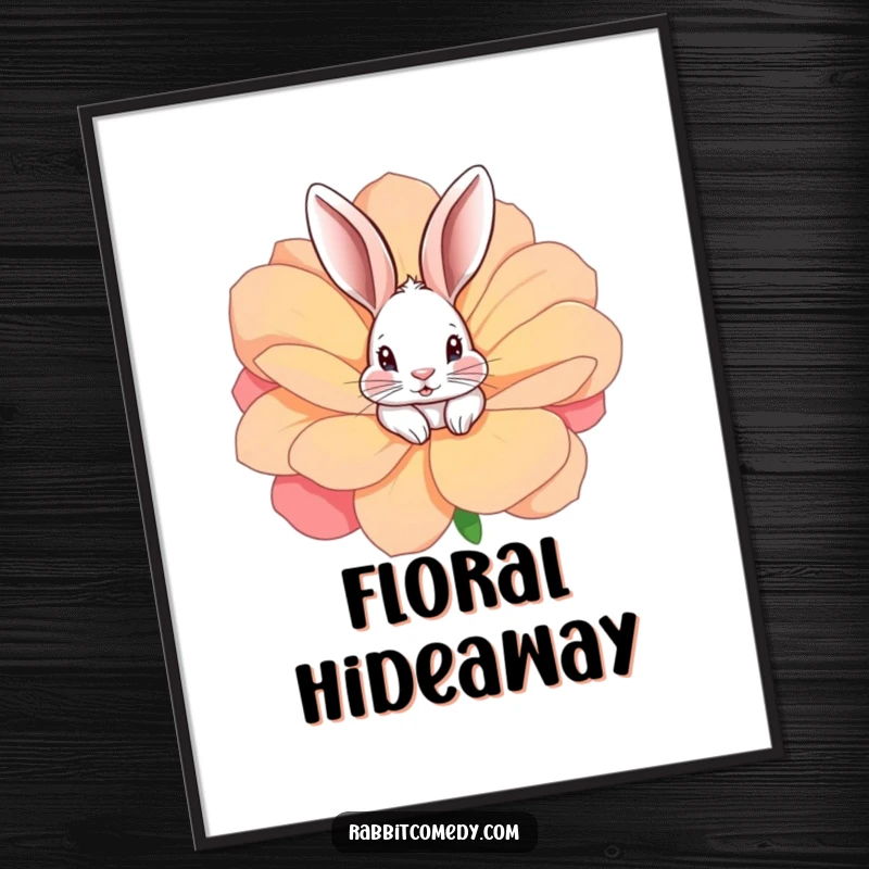 Funny rabbit peeking from a giant, colorful flower, captured in this humorous digital art print.